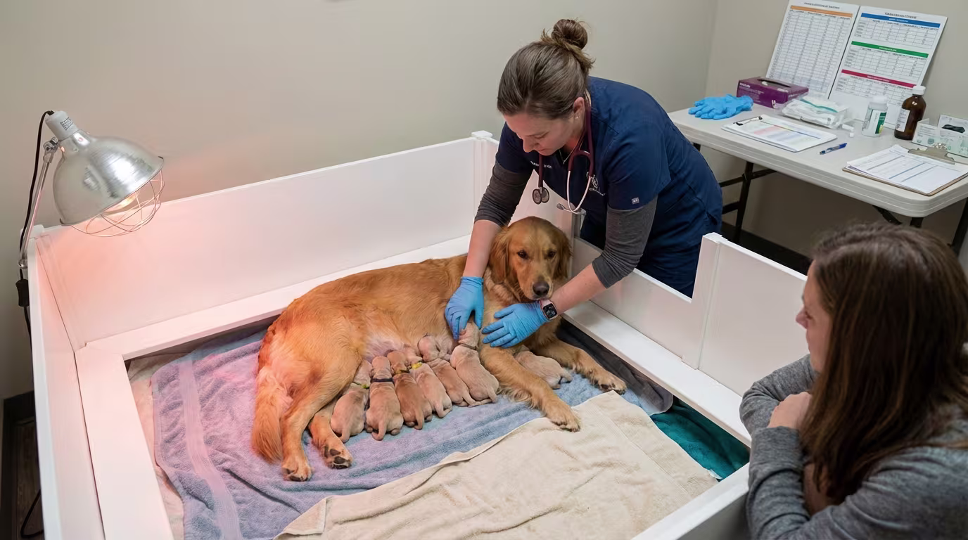 Perra labrador amamantando a sus cachorros en un box profesional con suelo sanitario y lámpara de calor